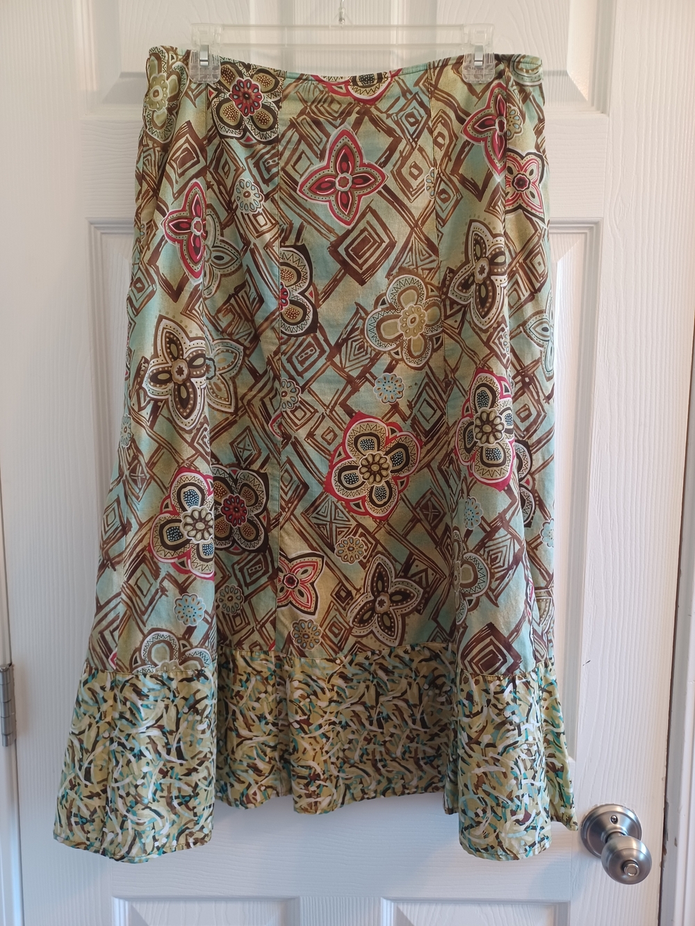 VTG Y2K Floral A-Line Lined Skirt  Sage, Mint, Brown and Pink Ruffle Boho Print